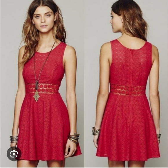 Free People Lace Crochet Vibrant Red Daisy Chain Mini Fit Flare Dress Size 2 - Picture 1 of 12